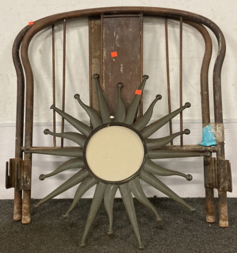 ANTIQUE METAL HEADBOARD AND FOOTBOARD (28”), METAL SUN CIRCLE PHOTO FRAME (7”)