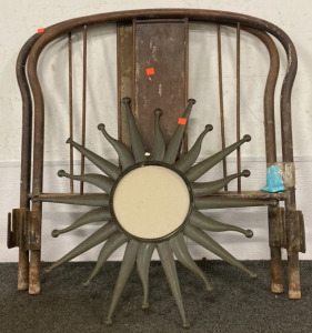 ANTIQUE METAL HEADBOARD AND FOOTBOARD (28&rdquo;), METAL SUN CIRCLE PHOTO FRAME (7&rdquo;)