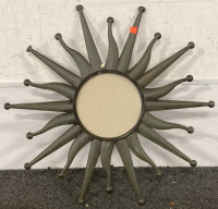 ANTIQUE METAL HEADBOARD AND FOOTBOARD (28”), METAL SUN CIRCLE PHOTO FRAME (7”) - 3