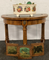 WOOD GLASS TOP END TABLE (22X16”), FRUIT THEMED CENTER PIECE, (3) ANIMAL THEMED WOOD PICTURES