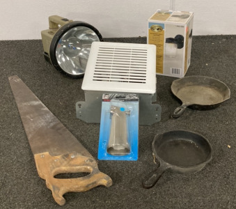 HAMPTON BAY EXTERIOR WALL LANTERN, CANDLE POWER SPOTLIGHT, BROAN CEILING BATHROOM FAN, TUB SPOUT, HAND SAW, TWO CAST IRON PANS