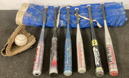 HANGING BLUE BAT CADDY, (6) SOFTBALL BATS, RAWLING SOFTBALL GLOVE AND BALL