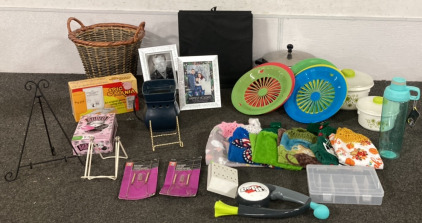 SILVER PHOTO FRAMES, BLACK COLLAPSIBLE STORAGE BIN, VINTAGE GREEN AND WHITE FLORAL TUPPERWARE SET, STAINLESS STEEL FARBERWARE 6 QT POT, WAX MELT, PAPER PLATE HOLDERS AND MORE