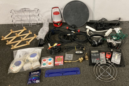 (5) EXTENSION CORDS, PLANTRONICS HEADPHONES, PURE AV HDMI CABLES, AV CORDS, TV MOUNT, FISHER PRICE BABY MONITOR, AND MORE
