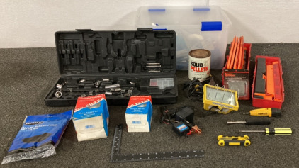 SOCKET SET IN HARD CASE, PORTABLE CLAMP LIGHT, MP-12 AND 15 OIL FILTERS, SCREWDRIVERS, SOLID WELDING PELLETS, SINK SPRAY HOSE AND MORE
