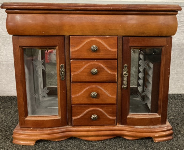 VINTAGE FOUR DRAWER THREE MIRROR TWO DOOR SOLID STYLE JEWELRY BOX (13X12X5&rdquo;)