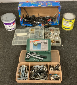 SOCKET SET, ORGANIZER BIN WIRH LONG SCREWS AND HEX SCREWS, (2) NAIL, BRAD, AND TACK ASSORTMENTS AND MORE