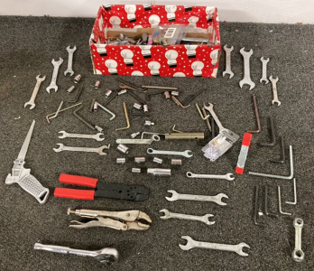 BOX INCLUDING OPEN END WRENCHS, LOCKING PLIERS, L SHAPE HEX WRENCHS, KOBALT RATCHET AND MORE