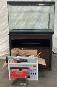 FISH TANK, TANK CABINET, HEST LAMP AND MORE