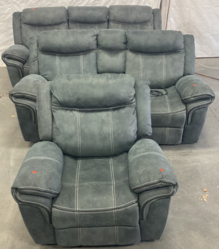 THREE SEATER GREEN COUCH (82”), TWO SEATER RECLINER SOFA (71”), SINGLE SEAT RECLINER (34”)