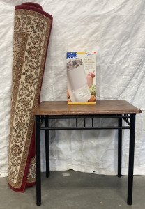 WOODEN TABLE, OSTER ICE CREAM AND FROZEN YOGURT MAKER, AREA RUG (5&rsquo;2X7&rsquo;2)