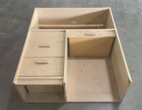 (1) 4 DRAWER WOOD DESK CUBBY (41.5”X17”) WITH (1) WEST BEND MICROWAVE (POWERS ON)