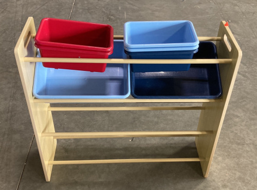 (1) WOOD STORAGE RACK (33.5”X11”) WITH (7) PLASTIC STORAGE BINS