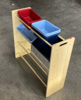 (1) WOOD STORAGE RACK (33.5”X11”) WITH (7) PLASTIC STORAGE BINS - 2