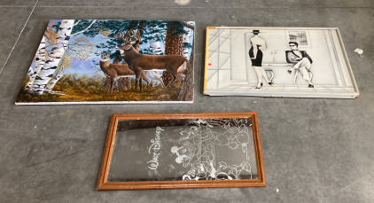 (1) LARGE SCENIC NATURE PAINTING (40&rdquo;X30&rdquo;), (1) LARGE FRAMED ART PRINT (37&rdquo;X25&rdquo;), WITH (1) SMALL WALT DISNEY THEMED MIRROR (18.5&rdquo;X 33&rdquo;)