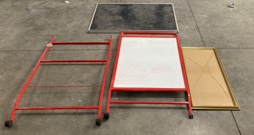 (1) LARGE CHALK BOARD (36”X48”), (1) GLASS FRAME (18”X40”), (1) ROLLING WHITE BOARD WITH METAL FRAME (29.5”X56”), WITH METAL MATCHING FRAME ON WHEELS (29.5”X56”)