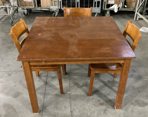 (1) WOOD SQUARE DINING TABLE (42”X30”) WITH (3) MATCHING CHAIRS (15”X34”)