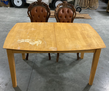 (1) WOOD DINING TABLE (54”X38”) WITH (2) WOOD CARVED DINING CHAIRS (43”X18)