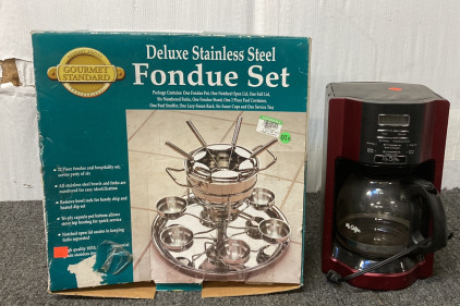 (1) GOURMET STANDARD DELIXE STAINLESS STEEL FONDUE SET WITH (1) “MR. COFFEE” COFFEE MAKER (POWERS ON)