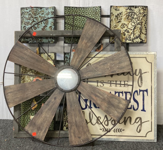 (3) METAL HANGING ARTWORKS/DECOR WITH (1) WOOD WALL HANGING DECORATION