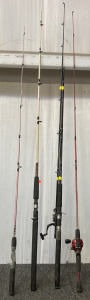 (4) FISHING RODS INCLUDING (1) SHAKESPEARE LINECOUTER ROD WITH SHAKESPEARE BALL BEARING/REEL, AND MORE