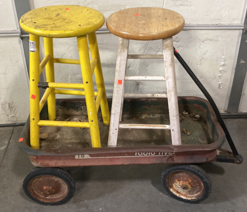 (2) SMALL WOODEN STOOLS WITH (1) METAL WAGON