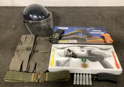 RIOT GEAR HELMET, PISTOL CROSSBOW, SHOOTERS MITTENS AND MORE