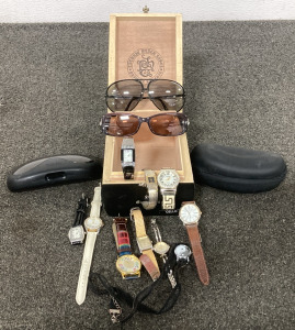 CIGAR BOX OF WATCHES AND SUNGLASSES