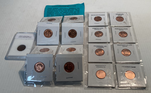 (8) COMMEMORATIVE MEDALLIONS, (8) MINT SET AND 1910-P WHEAT BACK PENNY