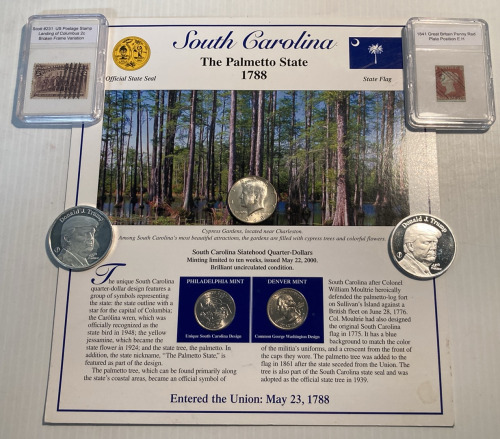 SOUTH CAROLINA QUARTERS, (2) TRUMP ROUNDS, (2) COLLECTOR STAMPS AND KENNEDY HALF DOLLARS