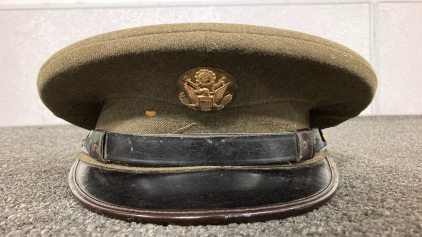 Original U.S. WWII Named Marine Corps OD Green Wool Visor Cap - USMC