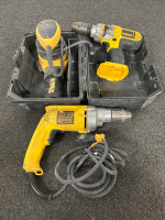 DEWALT RANDOM ORBIT PALM SANDER (WORKS), 1/2" DRILL (WORKS) AND A CORDLESS 1/2" DRILL (NO BATTERY)