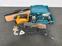 BOSTITCH FASTENER, MAKITA DRILL WITH EXTRA BATTERY AND CHARGER (WORKS) AND RIDGID JOB MAX (WORKS)