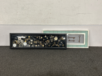 (2) FRAMED WALL ART PIECES- WATCH PARTS (SOME LOOSE PARTS MAY REQUIRE NEW GLUE) AND SKELETON KEYS- 29x9 AND 24x6