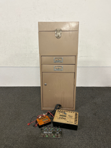 METAL FILING CABINET (12x10x30), TEKIN POWER FLEX PEAK CHARGERS AND SMART TRAY II NICAD BATTERY CONDITIONER. UNABLE TO TEST