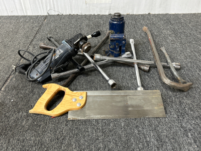 4-1/2" ANGLE GRINDER (WORKS), BOTTLE JACK, SAW, PRY BARS AND LUG WRENCHES