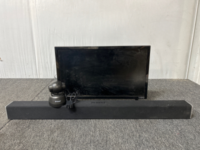 IP CAMERA (POWERS ON), SOUNDBAR AND 24" VIZIO TV. NO POWER CORDS FOR TV OR SOUNDBAR.