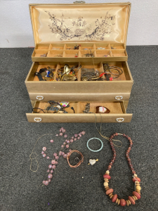 VINTAGE TWO DRAWER AND TOP STORAGE JEWLERY BOX WITH FASHION JEWELRY