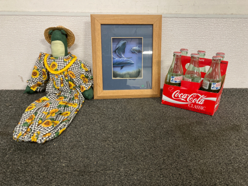 3D FRAMED DOLPHIN PICTURE, BOISE RIVER FESTIVAL GLASS COKE BOTTLES ‘94, HANDMADE STUFFED FROG