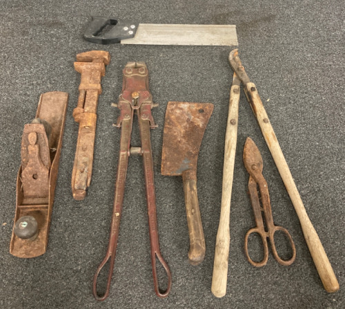 RUSTIC TOOLS- CLEAVER, SHEARS, LARGE WRENCH, BOLT CLUTTERS