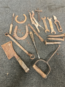 RUSTIC TOOLS-CLEAVER, HAYBAIL PICK, RAILROAD SPIKES, WRENCHES AND MORE