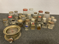 ANTIQUE GLASS JARS, ASSORTED SIZES AND SHAPES; ANTIQUE THERMOSTAT, ANTIQUE BAROMETER