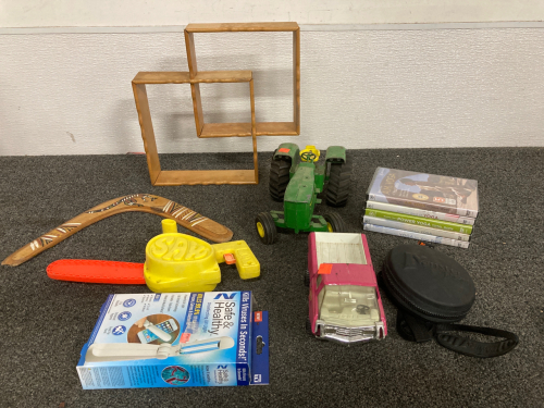 YOGA DVDS, DIGITA CAMERA STAND, DISINFECTING UV LIGHT, PINK TONKA TRUCK, TOY TRACTOR, BOOMERANG, INTERLOCKING SHELF DISPLAY