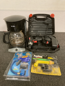 DRILL MASTER POWER DRILL WITH CASE AND BATTERIES (UNABLE TO TEST), EZ CHILL AUTO AIR CONDITIONING DISPENSER, PRESTONE COOLANT BACK FLUSH KIT, COFFEE POT (UNTESTED)
