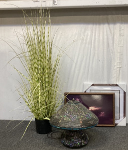 DRAGONFLY COLORED GLASS PORTABLE LAMP (WORKS 16&rdquo;), FAKE POTTED PLANT (50&rdquo;), FRAMED CLOUD PHOTO (21&rdquo;X14&rdquo;), RECORD FRAME