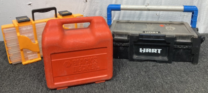 BLACK AND DECKER BIT TIP COMPACT SET, HART BLACK AND BLUE TOOL BOX, YELLOW TEN BOX ORGANIZER