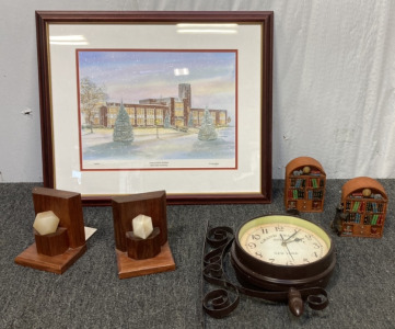 BSU ADMINISTRATION BUILDING STUDENT PAINTING (24X20&rdquo;), CRYSTAL BOOK ENDS, LIBRARY FIGURINES, GRAND CENTRAL NY TWO SIDED WALL CLOCK