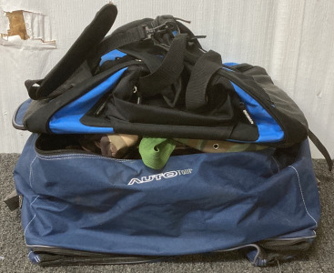 (1) LOGISTICS EXCELLENCE DUFFLE BAG WITH (1) WYOTECH BACKPACK, (1) EASTPORT PINK CAMO BACK PACK, (1) FLAMBEAU BACKPACK, (1) CAMO BERKLEY FANNY PACK AND (1) AUTO TOUR DUFFLE BAG