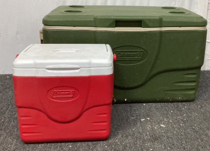 (1) LARGE COLEMAN COOLER (26&rdquo;X15&rdquo;) WITH (1) SMALL COLEMAN COOLER (11&rdquo;X12&rdquo;)