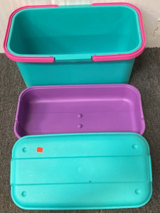 BLUE AND PINK STORAGE BIN (19X10&rdquo;), (2) BLACK CURTAINS, (1) DENIM FLEECE LINED BLANKET
